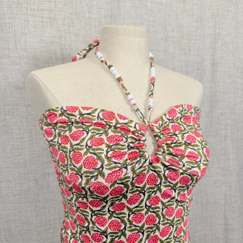 RHODE Kanika Swimsuit One Piece Floral Beaded Halter Size L $250 MSRP Resortwear